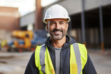 Happy Construction Laborer in Safety Gear with White Hard Hat at Construction Site