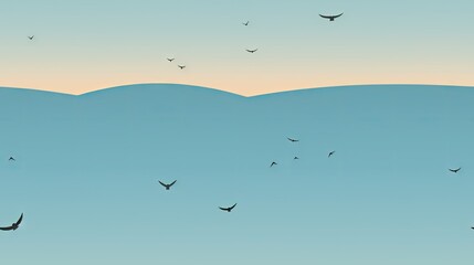  a flock of birds flying over the top of a large hill in the middle of a blue and orange sky.  generative ai