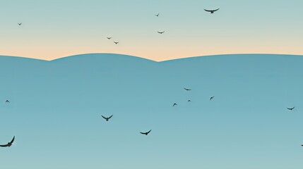 Obraz premium a flock of birds flying over the top of a large hill in the middle of a blue and orange sky. generative ai