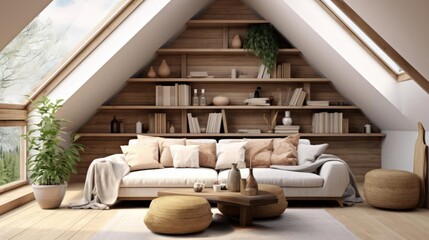 Scandinavian home interior design of modern living room in attic with lining ceiling 
