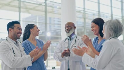 Healthcare, celebration and high five applause by doctors and nurses for solution, breakthrough or target success in hospital. Medical, team and support hands of partnership, goals or collaboration - Powered by Adobe