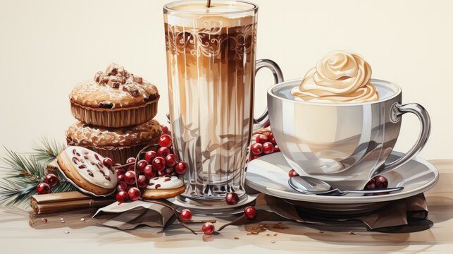  a painting of a cup of coffee, a plate of cookies, and a cup of hot chocolate on a table.  generative ai
