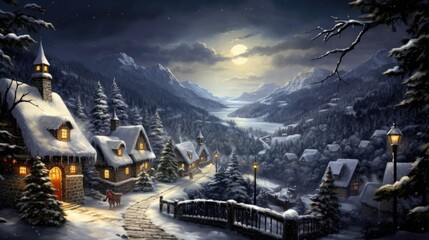  a painting of a snowy village at night with a full moon in the sky and snow covered mountains in the background.  generative ai