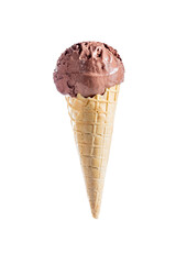 A ball of chocolate ice cream in a waffle cup on a white background
