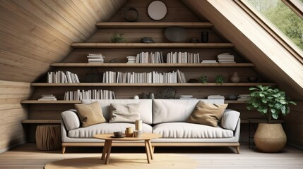 Fototapeta na wymiar Sofa and round coffee table against wooden paneling wall with shelves Scandinavian home interior design of modern living room in