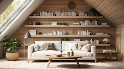 Fototapeta na wymiar Sofa and round coffee table against wooden paneling wall with shelves Scandinavian home interior design of modern living room in