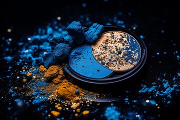 Vibrant Blue and Gold Eyeshadow on Dark Background in Industrial Style