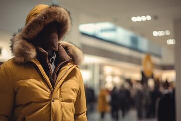 Man in Yellow Winter Coat Captured in Urban Mall Setting