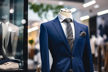 Luxurious Navy Blue Suit Displayed in Showroom with Selective Focus