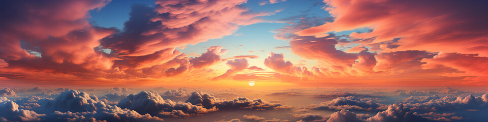 Hot sky at sunset, above the clouds. Aerial view of clouds.