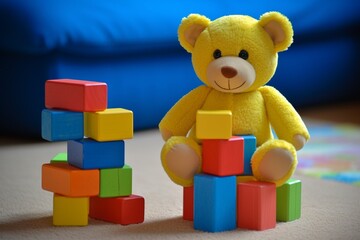 Spatial Play with Teddy Bear in Saturated Yellow and Blue Blocks
