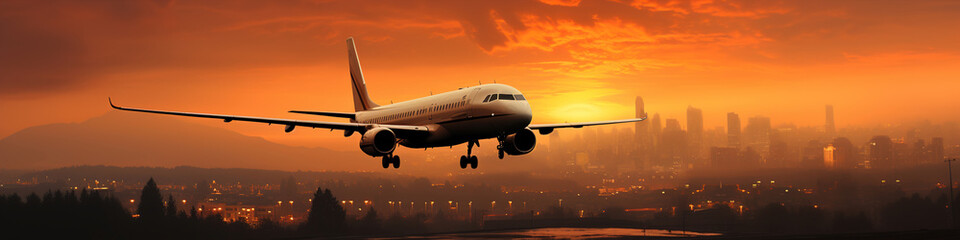 Fototapeta na wymiar An airplane flying over at sunset. Hot tones panorama.