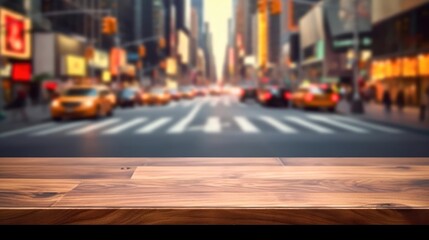 The empty wooden table top with blur background of NYC street Exuberant image generative AI  - obrazy, fototapety, plakaty