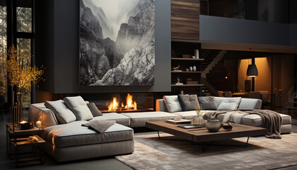 Cozy modern living room, comfortable sofa, elegant wood flooring generated by AI