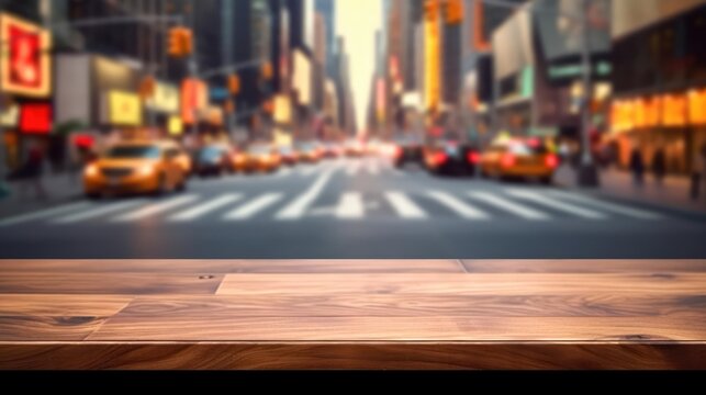 The empty wooden table top with blur background of NYC street Exuberant image generative AI 