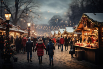 A festive Christmas market bustling with vendors, colorful stalls, and joyful shoppers, capturing the spirit of holiday cheer. Generative Ai.