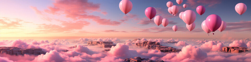 Fototapeta premium A group of hot air balloons floating in pink sky. Pink clouds.