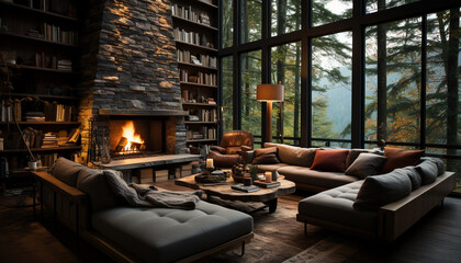 Cozy modern living room with comfortable sofa, book, and luxury decor generated by AI