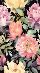 Ai generated. Multicoloured watercolor peonies. Seamless pattern 