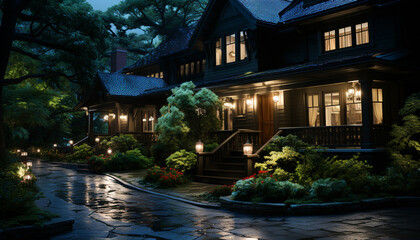 Obraz premium Illuminated architecture reflects in nature dark, summer twilight generated by AI