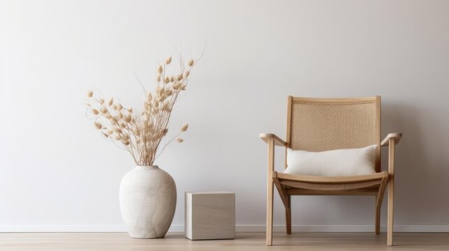 View of modern scandinavian style interior with chair and trendy vase Home staging and minimalism concept 