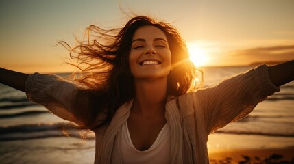  Backlit Portrait of calm happy smiling free woman with open arms and closed eyes enjoys a beautiful moment life on the seashore at sunset generative ai