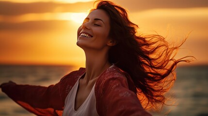  Backlit Portrait of calm happy smiling free woman with open arms and closed eyes enjoys a beautiful moment life on the seashore at sunset generative ai