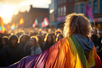 A person holding a rainbow flag at a pride parade, advocating for LGBTQ+ rights and acceptance. Concept of LGBTQ+ rights. Generative Ai.
