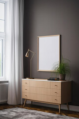 A framed poster layout on the living room wall. Interior in the Nordic style. AI generating