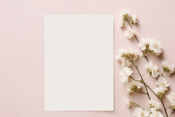 Top view mockup card on the pink background with white flowers