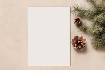 Top view mockup card with spruce branches and cones on the beige background
