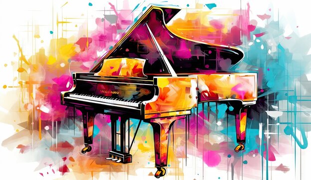 art of colorful modern piano in colorful graffiti splash canvas Generative AI