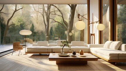 Fototapeta premium White sofa against floor to ceiling window Hollywood glam midcentury style home interior design of modern living room in villa in