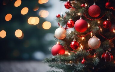 Christmas balls on fir branches, winter snowy backdrop