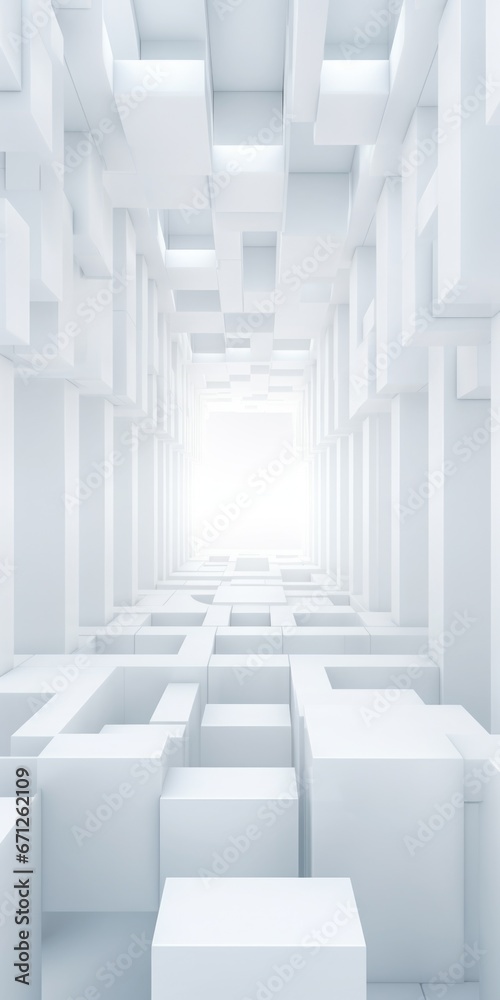 Poster A white room filled with numerous cubes. This versatile image can be used to represent creativity, minimalism, organization, or as a background for various design projects.