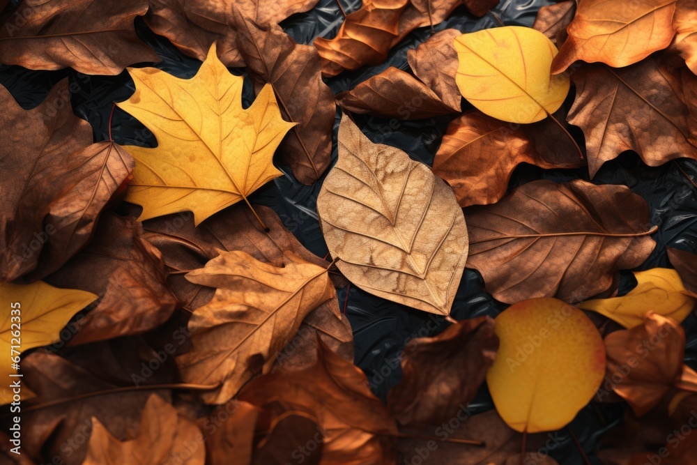 Poster a close up view of a bunch of leaves scattered on the ground. perfect for autumn-themed designs and 