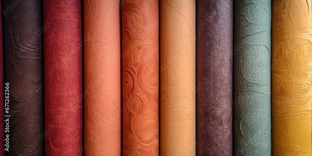 Poster a close-up view of a variety of different colored fabrics. this vibrant image showcases the rich tex