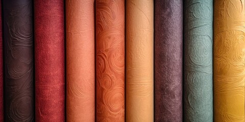 A close-up view of a variety of different colored fabrics. This vibrant image showcases the rich textures and patterns of various fabrics. Perfect for fashion, textile, and design-related projects.