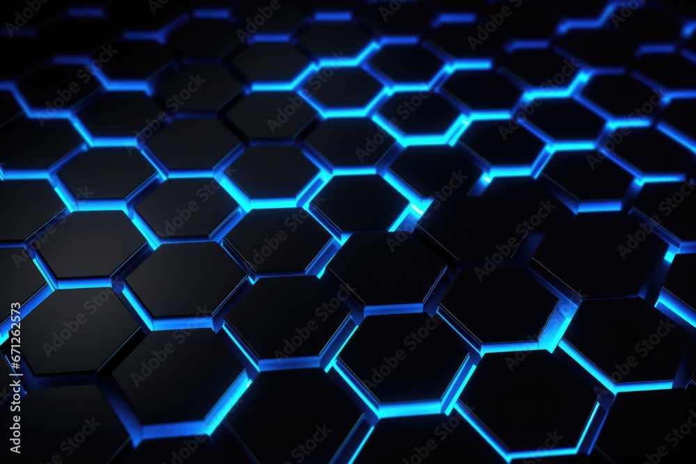 Poster A collection of blue hexagons arranged on a sleek black surface. This image can be used for various design projects and backgrounds