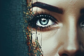 A close-up view of a woman's face with a mosaic design. This image can be used for various purposes, such as art projects, graphic design, or beauty and skincare related content.