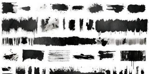 A collection of black paint strokes on a white background. Suitable for artistic projects and...