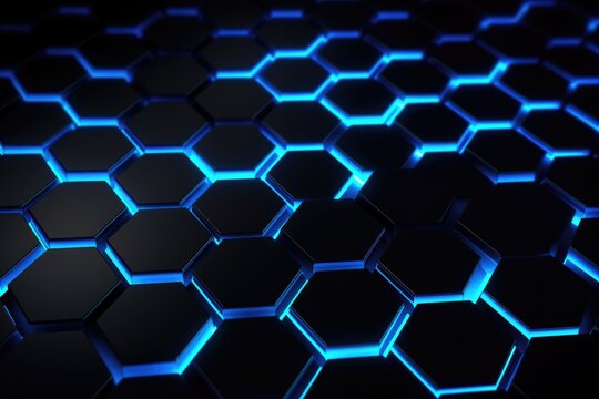 A collection of blue hexagons arranged on a sleek black surface. This image can be used for various design projects and backgrounds