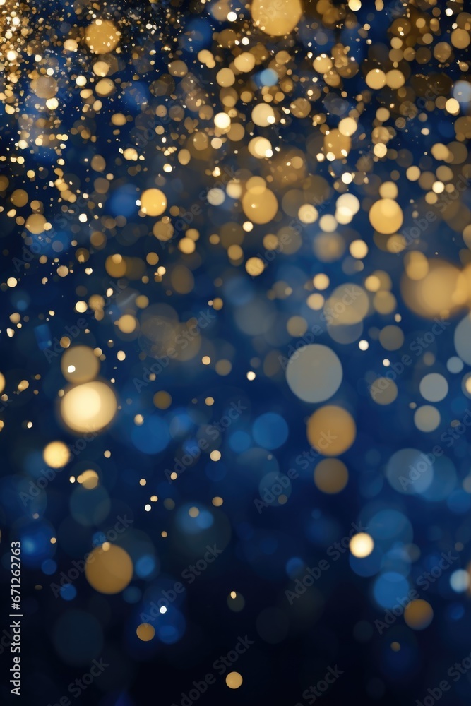 Poster A beautiful background with blue and gold bokeh lights. Perfect for adding a touch of elegance to any design or project