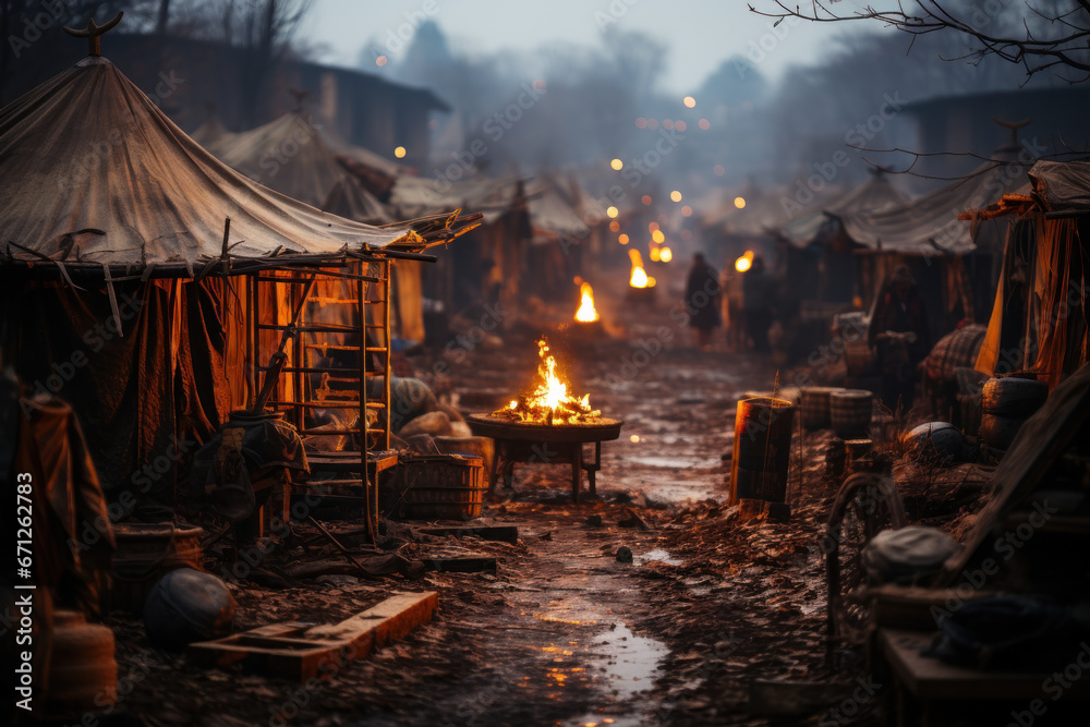 Poster a photo of a crowded refugee camp, illustrating the challenges of forced displacement and the refuge