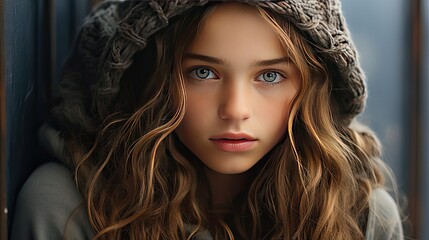 Crop close up portrait of serious sad little Caucasian girl look at camera, unhappy small child kid orphan feel lonely abandoned, outcast or loner miss parents. Generative AI art