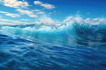 A powerful and majestic wave crashing onto the shore of a beautiful blue ocean. Perfect for capturing the energy and beauty of nature.