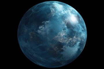 A stunning image of a blue planet against a dark black background. This picture can be used to represent the beauty and mystery of space
