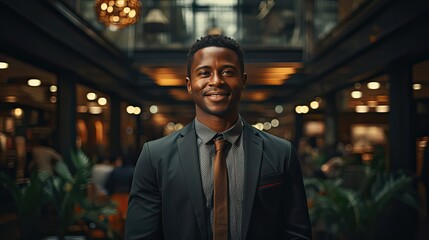 Fototapeta premium Portrait of smiling african businessman standing in office with crossing hands. Man portrait illustration. Generative AI