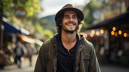 Fototapeta premium Young hispanic man smiling confident standing at park. Smile emotion illustration. Generative AI
