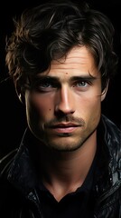 Fototapeta premium Close up portrait of young mysterious guy with half face in shadow. He is standing on background and expressing thoughtfulness. Man face portrait illustration. Generative AI art